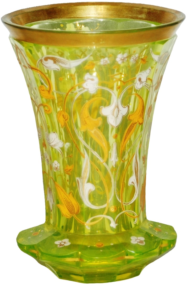 Yellow Uranium 1850 Beaker w Floral Enamel (1 of 2)