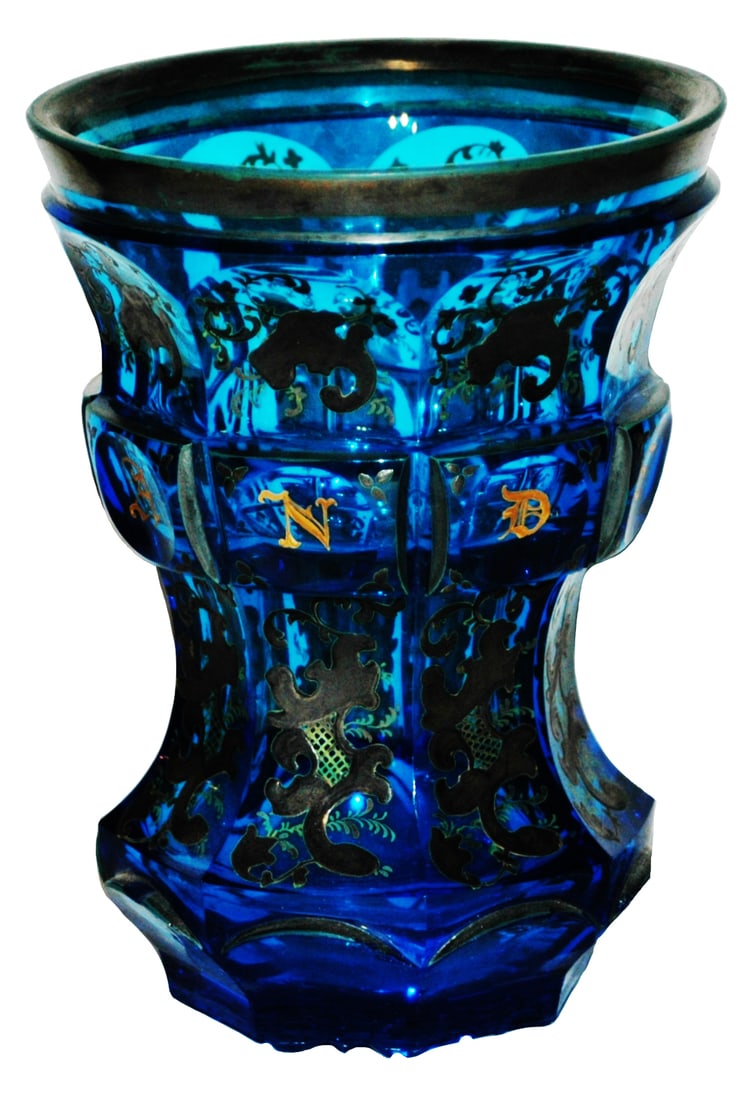 Blue Faceted Beaker w Floral Pasty Enamel 1850 (1 of 2)