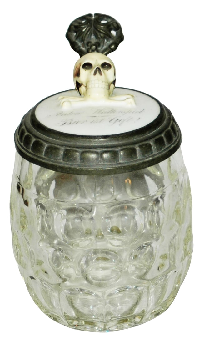 Glass Stein w Figural Skull Porcelain Lid: Pressed Glass 1/2L. Figural skull porcelain lid. Mint.