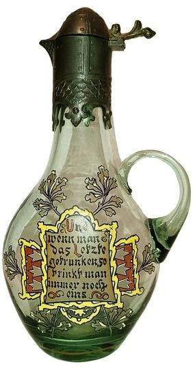 Van Hauten Enamel Verse & Fancy Pewter Neck & Lid: Blown Green Glass 1/2L. Van Hauten. Enameled verse. Fancy relief pewter neck and lid. Mint.