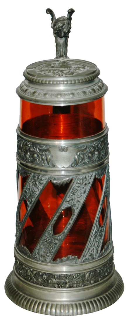 1L Pewter Overlay on Orange Glass Stein: Blown Orange Glass 1L. Pewter relief overlay, handle and lid. Angel head thumblift. Mint.