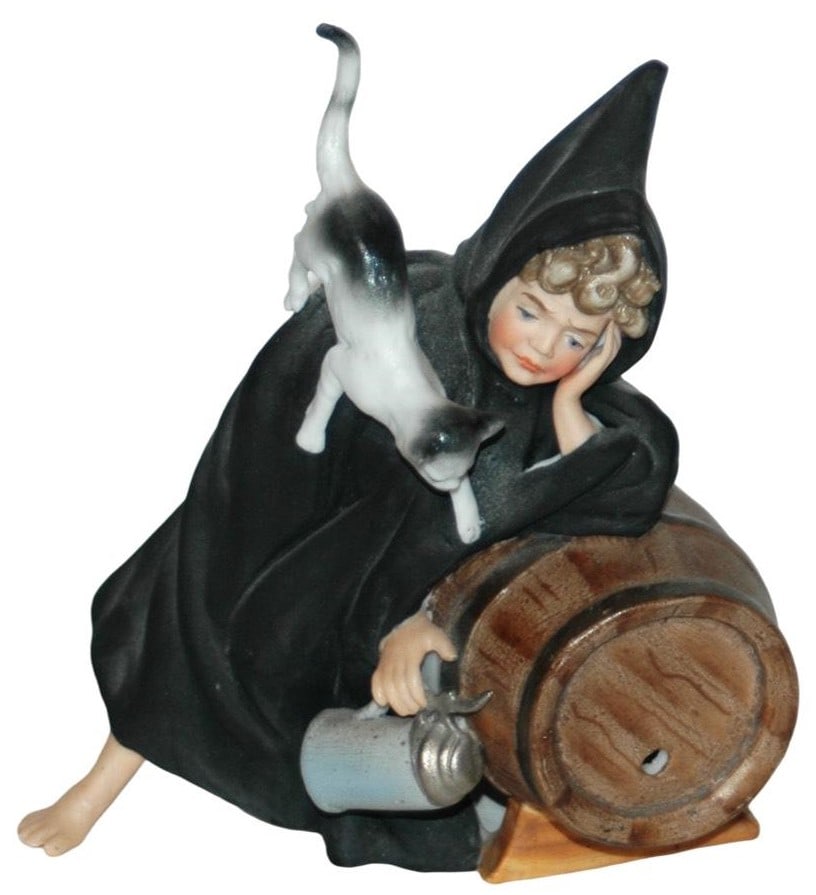 Munich Child w Barrell & Cat Porcelain Figure: Porcelain 5” Figure. Munich Child leans on barrel with cat. Mint.