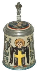 Mettlach Munich Child Holding Steins w Inlay Lid