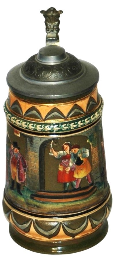 3/10L Wrap around Tavern Scene Etched Stein: Pottery Gerz #1214B Etched 3/10L. Scene of night folks at tavern closing wraps around body. Mint.