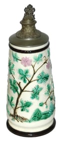 3/4L Majolica Floral & Birds Stein w Fancy Lid