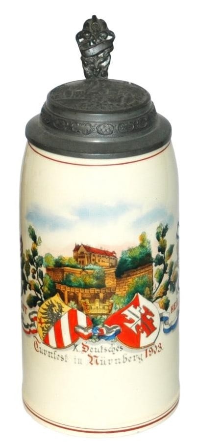 1L 1903 Nurnberg Turnfest Stein & Relief Lid: Pottery POG 1L. “X Deutsches Turnfest in Nurnberg 1903.” Relief Nurnberg lid.