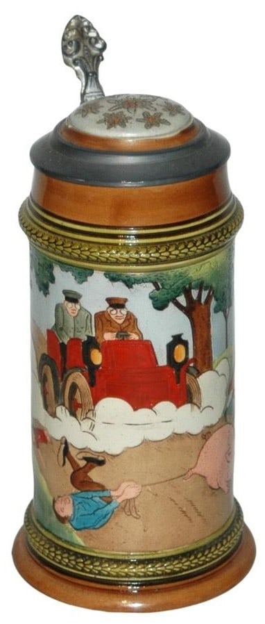 Comical Early Car Scene Etched Stein w Inlay Lid (1 of 5)