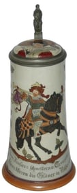 Trumpeter on Horse Etched Stein w Inlay Lid