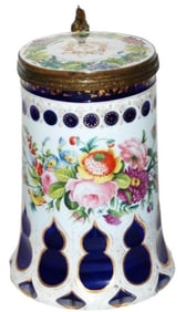 Overlay Glass Birds & Floral Stein w Brass Mounts