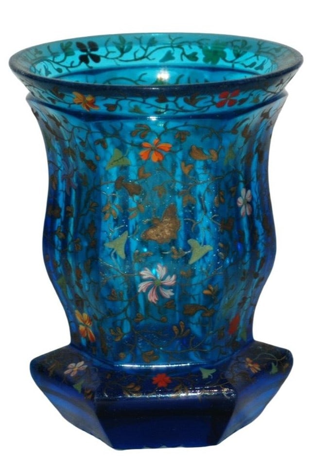 1850 Floral on Facet Blue Bohemian Glass Beaker (1 of 4)