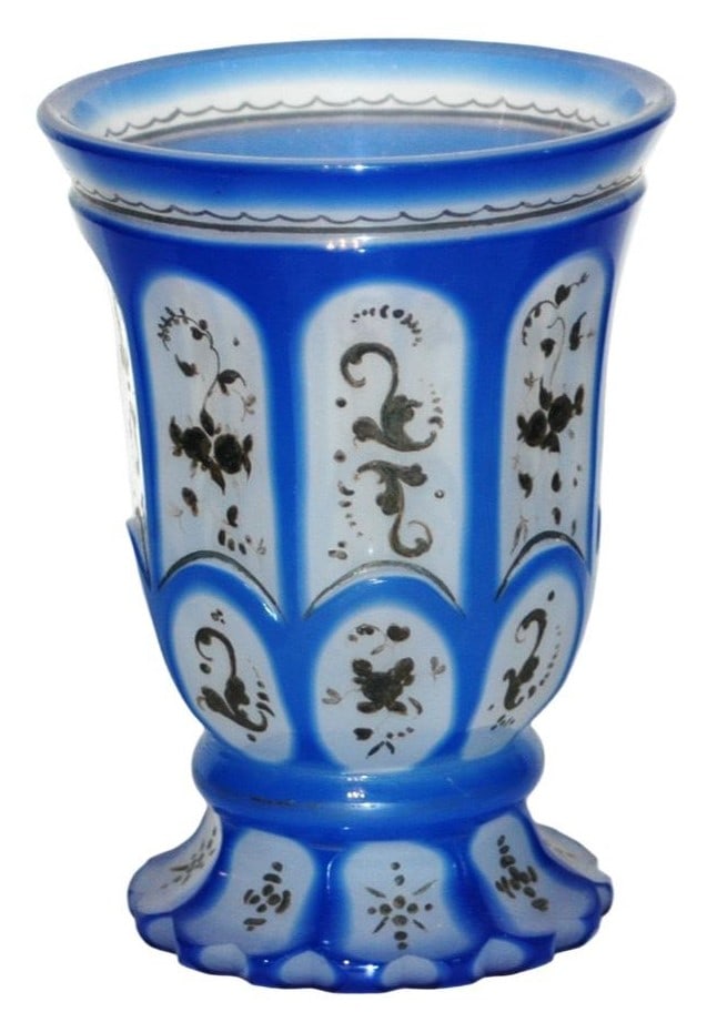 Overlay Opaline Glass Beaker w Florals c.1850 (1 of 3)