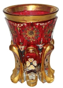 Bohemian Overlay Enameled Beaker w Fancy Cut Foot