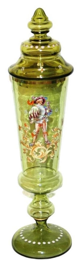 17" Glass Pokal Enamel Landsknecht & Floral: Blown Green Glass 17” Pokal. Enameled Landsknecht and floral design. Set on lid. Mint.