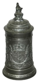 Bavarian Shield Pewter Relief Stein w Crown Finial