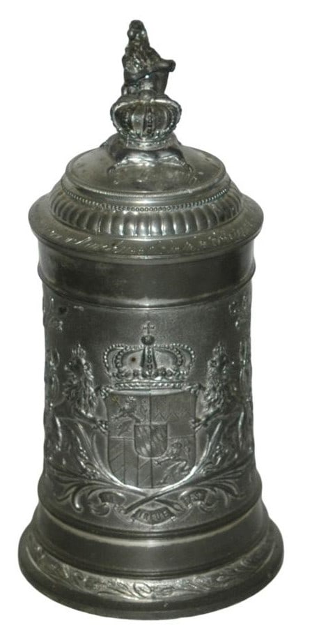 Bavarian Shield Pewter Relief Stein w Crown Finial (1 of 5)