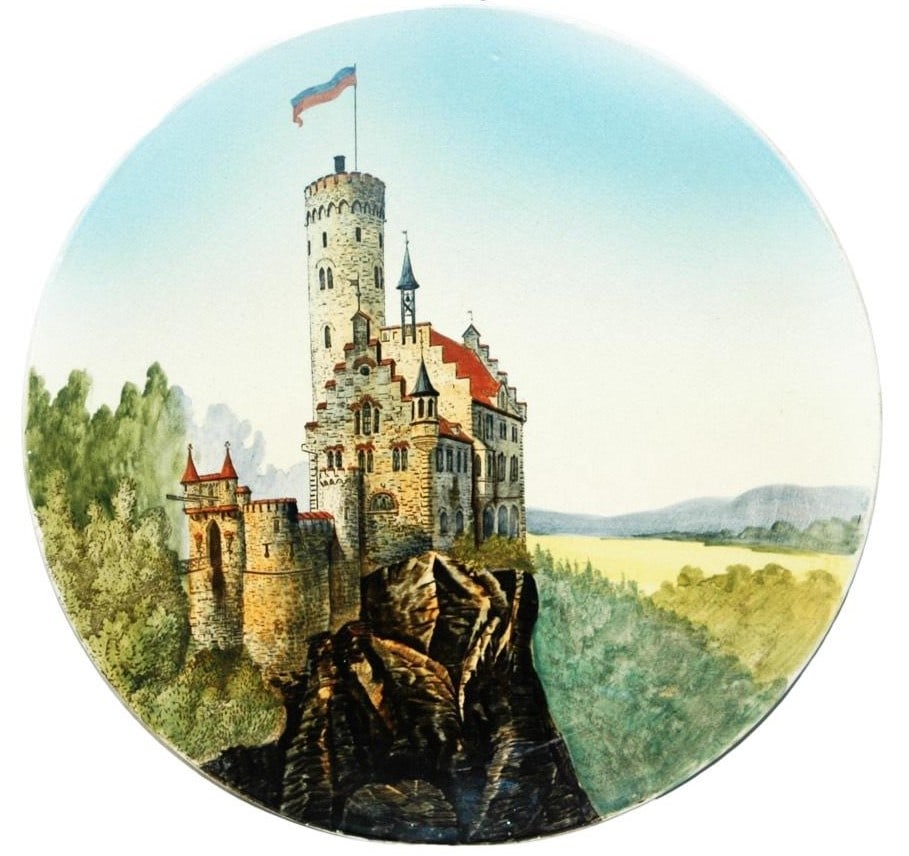 Mettlach Plaque Lichtenstein Castle on a Hill: Mettlach #1044/147 PUG 14” Plaque. Lichtenstein castle on hill. Mint.