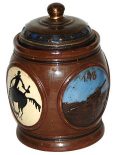 WWI Tobacco Jar US 148 Artillery Regiment: Pottery Dumler & Breiden WWI Tobacco Jar. 148 Artillery. American regiment. Set on lid. Mint.