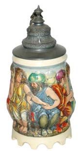 1-1/4L Dumler & Breiden Stein w People Around Body: Pottery Dumler & Breiden #577 Relief 1 1/4L. Group of people around the body. Scalloped base. Mint.