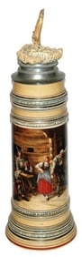 3L Tavern Scene w Horn Lid & Antler Thumblift