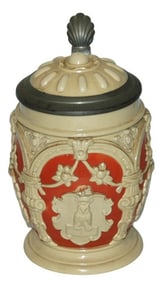 Mettlach Three Panels of Shields Stein w Inlay Lid