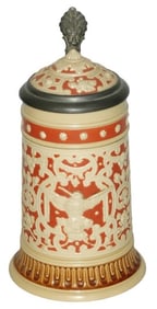 Mettlach 3/10L Birds & Floral Design Stein w Inlay