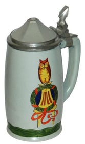 Mettlach Bavaria Owl on Wreath Stein w Inlay Lid