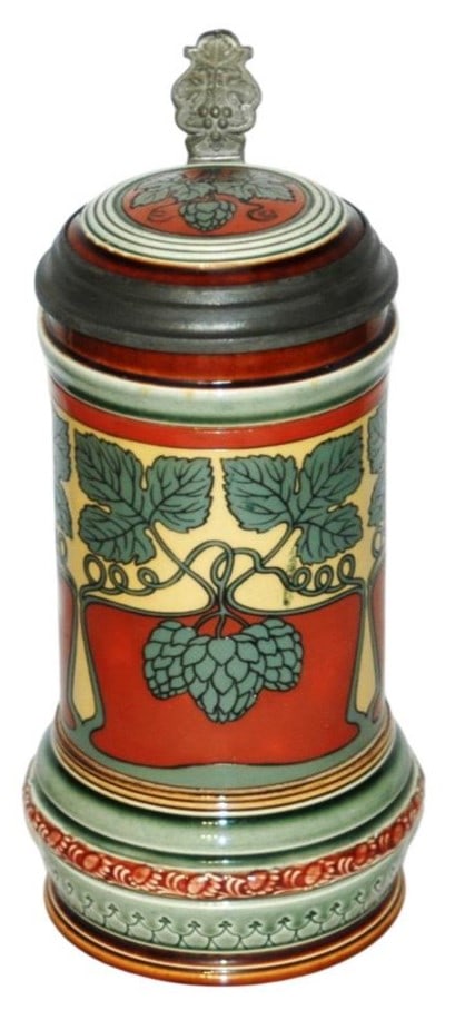 Mettlach Strong Art Nouveau Hops & Leaves Stein: Mettlach #2800 Etched 1/2L. Strong Art Nouveau design of hops and leaves. Inlay lid. Mint.