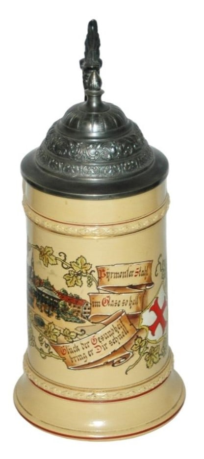 Mettlach Van Hauten Village Scene & Verse Stein: Mettlach #406 POG 1/2L. Van Hauten. Village scene and verse. Mint.
