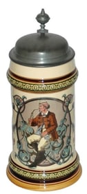 Mettlach Fraternal Student Smoking a Pipe Stein