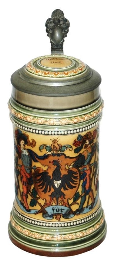 Mettlach Eagle Shield Stein w Landsknecht on Sides (1 of 5)