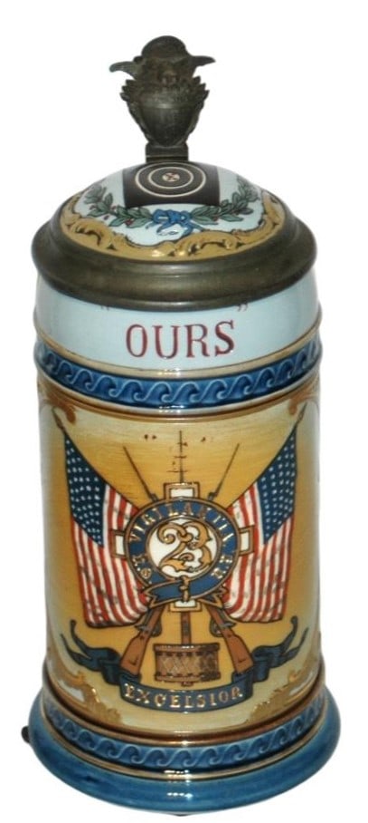 Mettlach NY 23rd National Guard Armory Stein: Mettlach #2281 Etched 1/2L. New York 23rd National Guard Armory. Inlay lid.