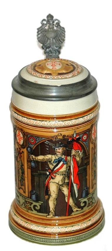 Mettlach 4F Man Holds Flag Etched Stein (1 of 5)