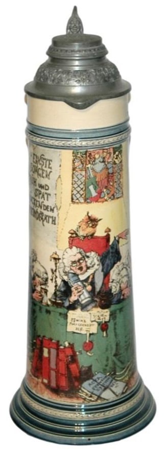 4L Mettlach Schlitt Comical Drunk Judges Stein: Mettlach #2419/1041 PUG 4L. Schlitt. Comical scene of drunken judges. Fancy relief pewter lid. Mint.