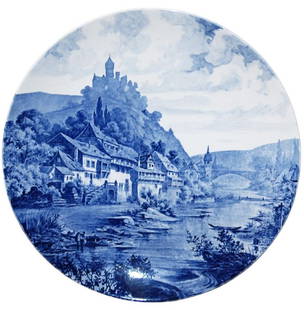 Villeroy & Boch Dresden Plaque of Castle Estate: Villeroy & Boch Dresden PUG 20” Plaque. Country estate on river with castle on hill. Mint.