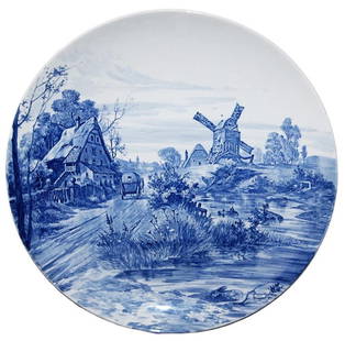 Villeroy & Boch Dresden Plaque Country Road Scene: Villeroy & Boch Dresden PUG 20” Plaque. Wagon goes down country road with windmill. Mint.