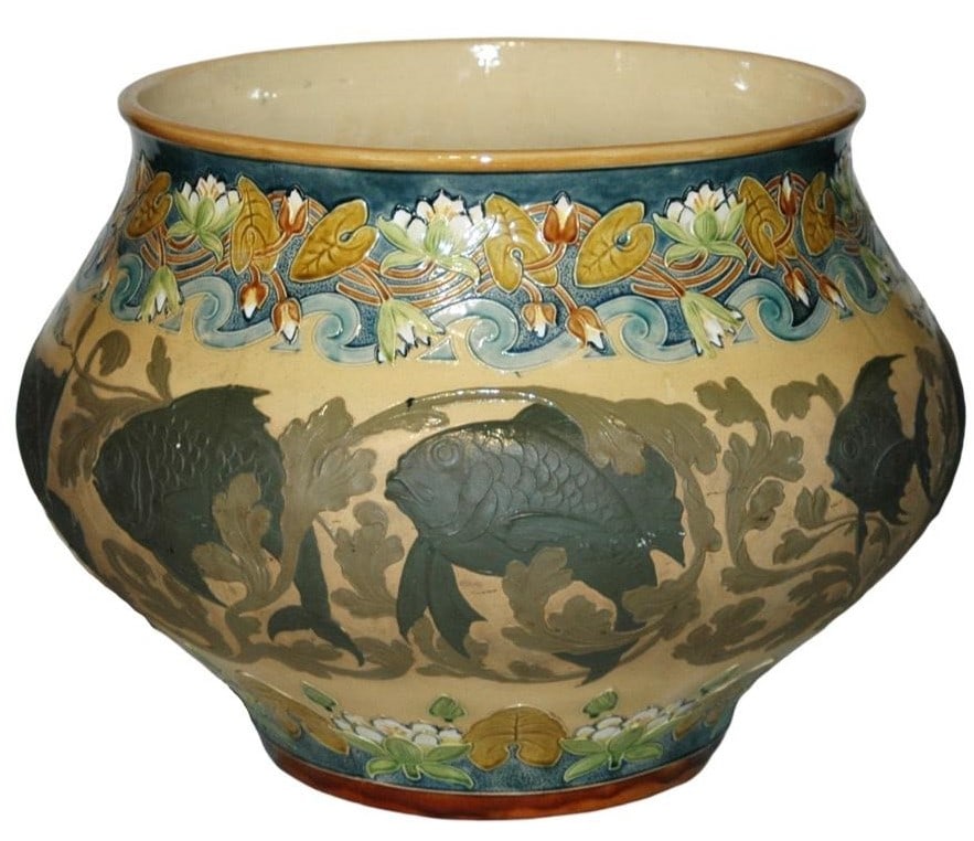 Mettlach 12-1/2" jardiniere w Fish & Floral Design: Mettlach #2427 Mosaic 12 1/2” by 16” Bowl. Fish and floral design.