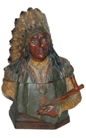 JM Terracotta Indian Chief w Pipe Tobacco Jar