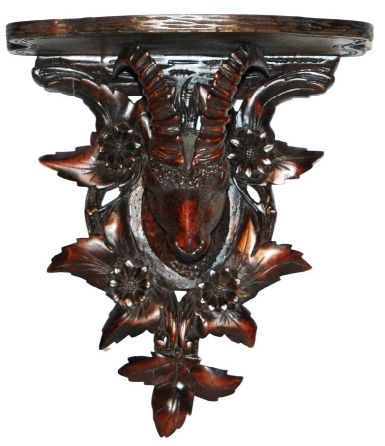 Black Forest Carved Wood Ram Head Shelf 11x12.5: Black Forest Carved Wood 11” by 9 1/2” Shelf. Ram head. Good condition.