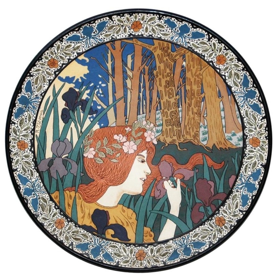 Art Nouveau Woman & Floral Etched Plaque (1 of 2)