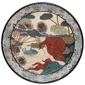 Mettlach Art Nouveau Woman & Floral 16" Plaque