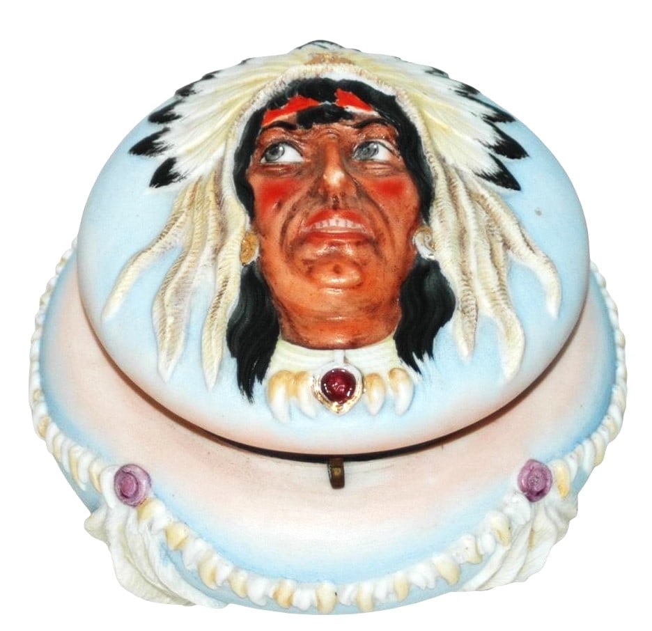Indian Bohne Porcelain Character Hinged Box: Character Hinged 5” Box Bohne Porcelain. Indian. Mint.