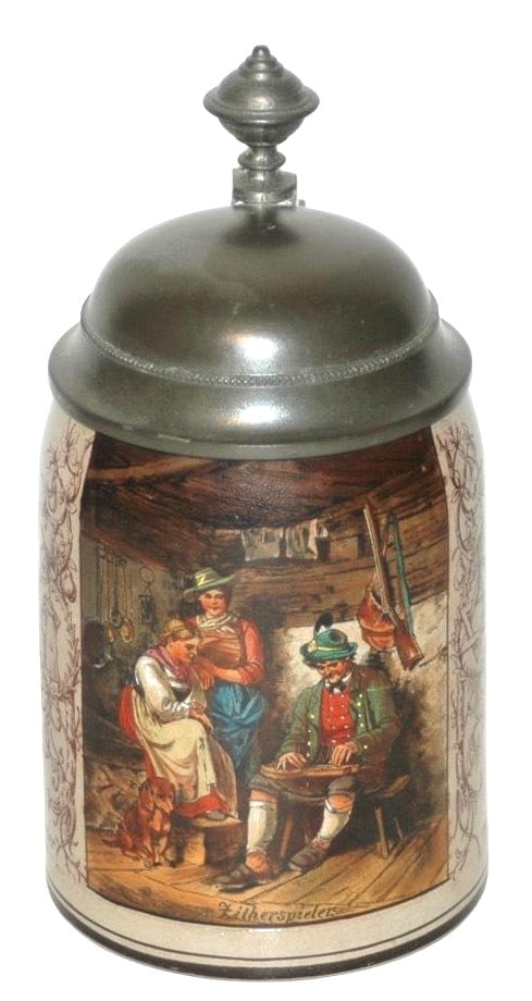 Deffregger Scene of Zither Player in Pub Stein: Stoneware POG 1/2L. Deffregger scene of zither player in tavern. Mint.