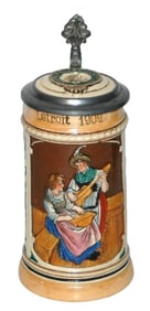 Guitar & Zither Player Stein w Advertising Lid