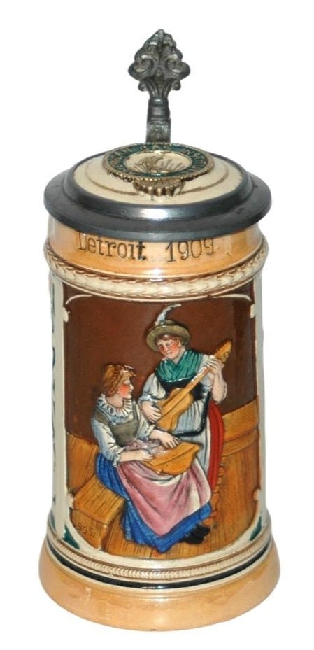 Guitar & Zither Player Stein w Advertising Lid (1 of 5)