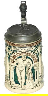 3 Scenes of Hercules Stein w Weightlifter Lid: Pottery Dumler & Breiden #107 Relief 1/2L. Three panels of hercules. Relief weight lifter pewter lid. Mint.