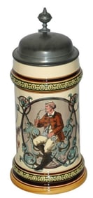 Mettlach Fraternal Student Smokes Pipe Stein