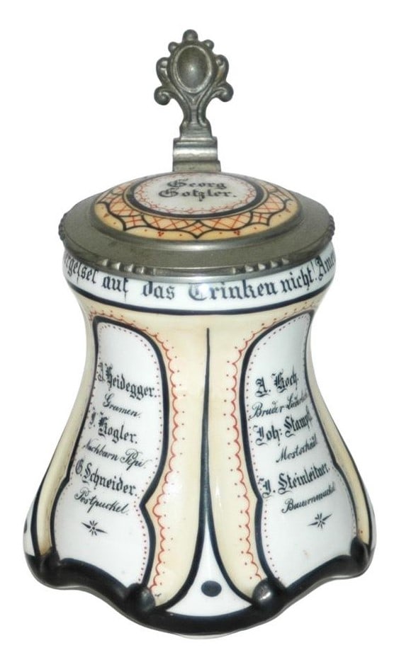 Rare V&B 1869 Masons Convention Stein: V & B POG 1/2L. Masons convention in 1869 with names on four panels. Inlay . Rare. Under the inlay it says "zur erinnerung gewidmet von den maurerwirthsgesessen passau im marz 1869" Translated reads "