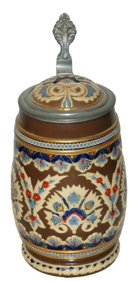 Mettlach Mosaic Floral Wrap Around Stein w Inlay: Mettlach #1261 Relief Mosaic 1/2L. Floral design around body. Inlay lid. Mint.