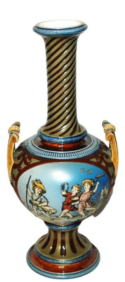 Mettlach 15-1/2" Vase w Children &Two Handles: Mettlach #2239 Etched 15 1/2” Vase. Two scenes of children playing. Two handles. Mint.