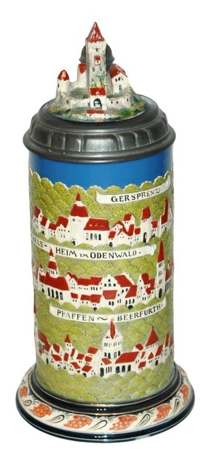 1L Mettlach Rodenstein w 3D Castle Inlay Lid: Mettlach #2829 Relief 1L. Town of Rodenstein with houses. Intricate figural castle inlay lid. Mint.